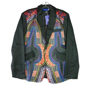 Fitshop Men Size L Retro Ethnic Printed Lapel One Button Party Suit Jacket Lined